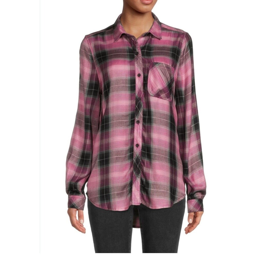 Casa Cabana Womens Pink Multi Plaid Long Sleeve Button Down Shirt Size Small